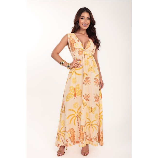 Vestido longo Ícone Fahion Solare estampa Jaguar Glow Praia