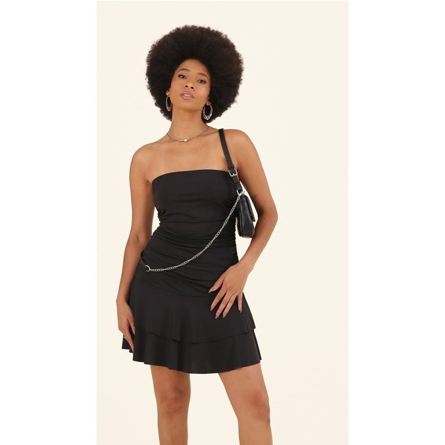 Vestido Curto Pop Me Em Poliamida Com Decote Reto Com Babados Preto