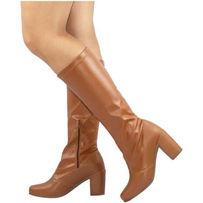 Bota Feminina Lumiss Cano Longo Stretch Bico Quadrado Salto Alto Grosso Montaria Caramelo