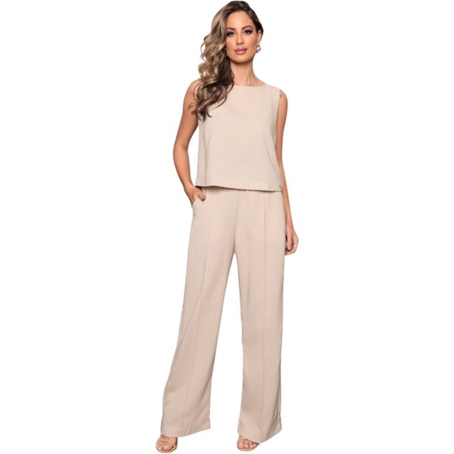 Conjunto Feminino Premium Linhão Calça Pantalona e Regata Modelo Alta Tendência - Bege