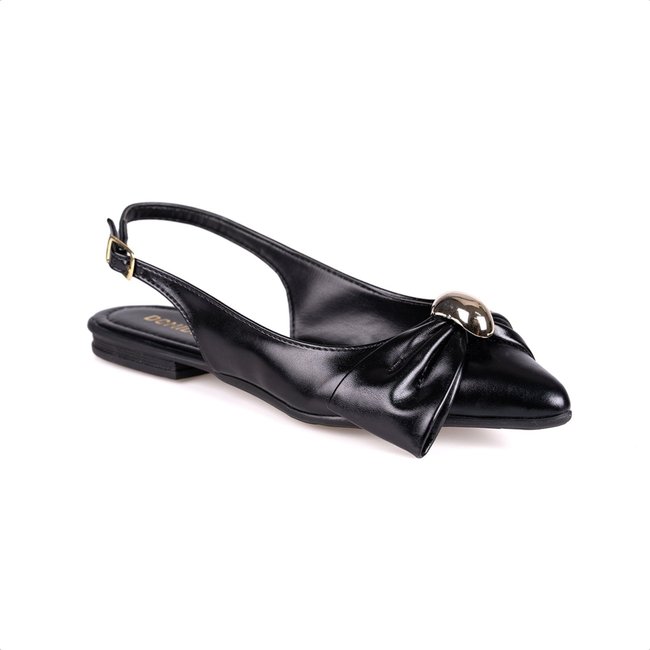 Sapatilha Feminina Slingback Bico Fino Preta Laço com Aplique Metalizado