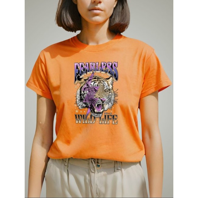 Camiseta Feminina Blusinha Plus Size T-shirt GuGi Leopard Tigre Raio Roxo Camisa Onça Laranja