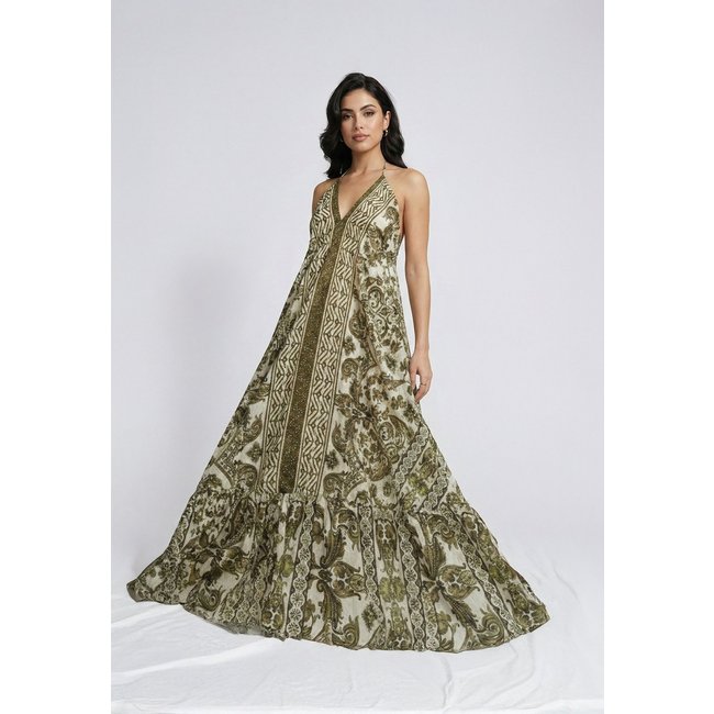 Vestido Boho Chic Longo Indiano Verde Militar Feminino Estampado Confortável Elegante