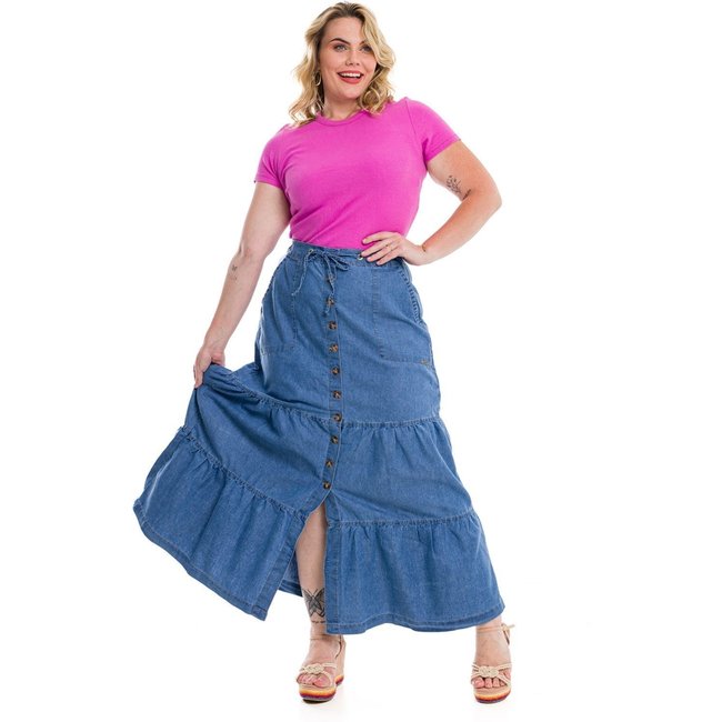 Saia Longa Restrito Jeans 3 Marias Com Botões - AZUL MÉDIO