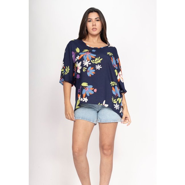 Blusa CabanaFree Morcego Ampla Tangará Estampa Festa das Flores Azul