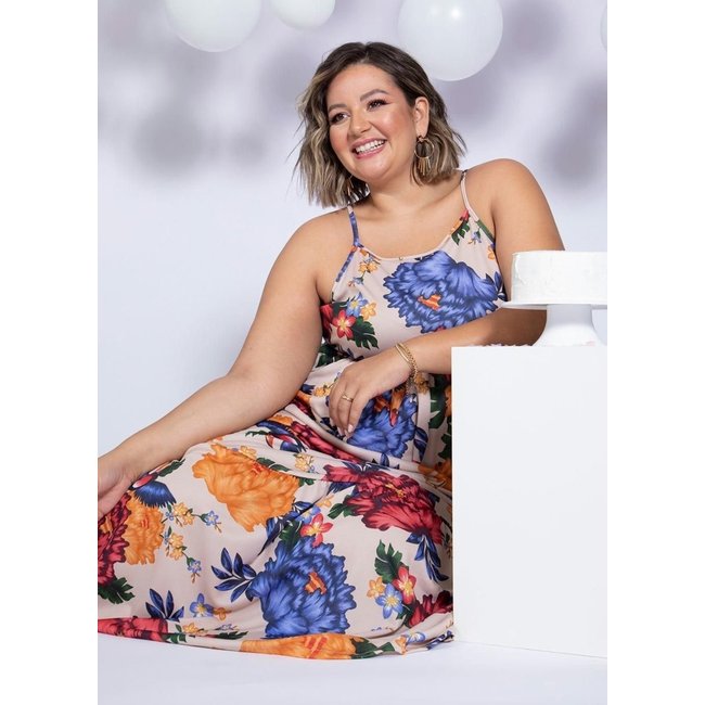 Vestido Longo Com Babado Plus Size Floral Nude Marguerite