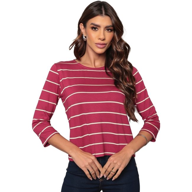 Blusa Manga 3/4 Dellamarca Listrada Vinho