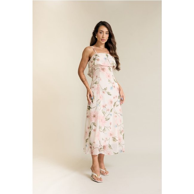 Vestido Midi Floral Rosa Feminino com Babado e Alças Lemier Collection
