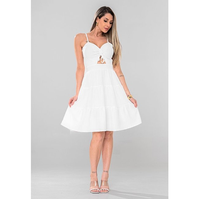 Vestido Floral Curto Decote Frontal Duna Premium White Tendencia Com Babado Com Alça Com Regulador Costas Nuas Branco