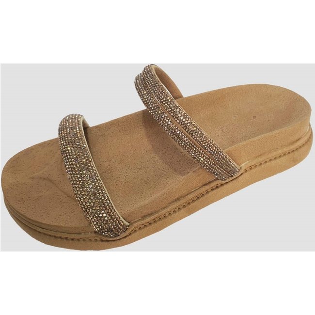 Sandália Flatform Moda Pé Papete Anatômica 3 Tiras Strass Caramelo