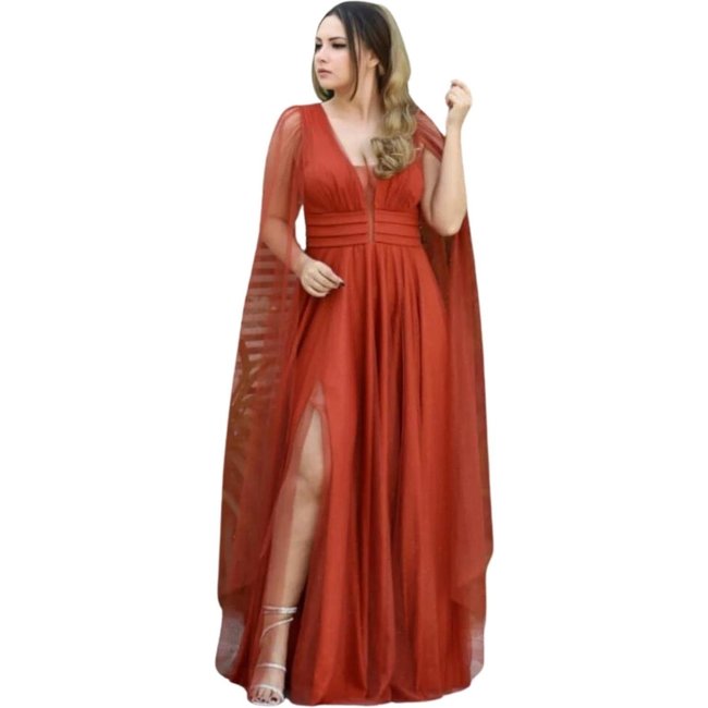 Vestido Longo De Festa Micro Tule Decote em V Com Brilho Mangas Longas e Soltas Caroline Terracota