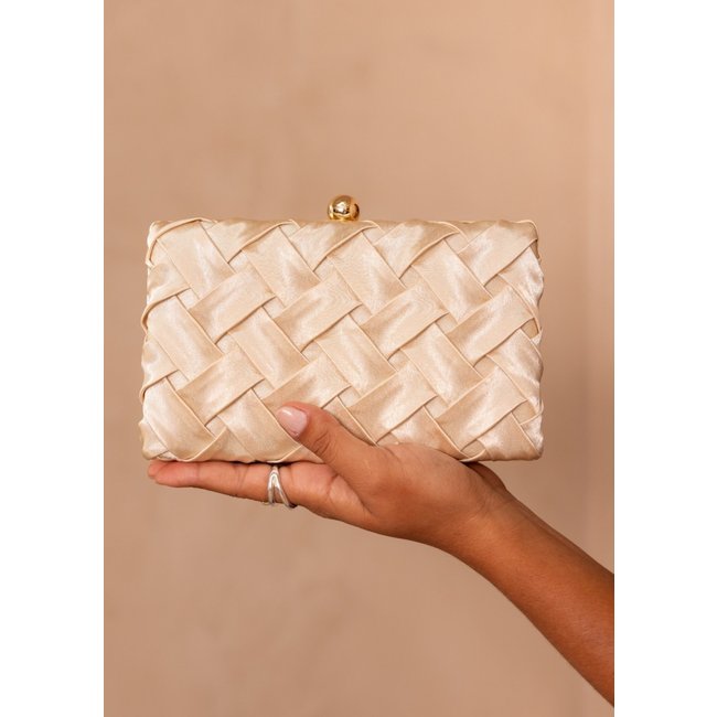 Bolsa Clutch de Festa Retângular Entrelaçada Trançada Dourada