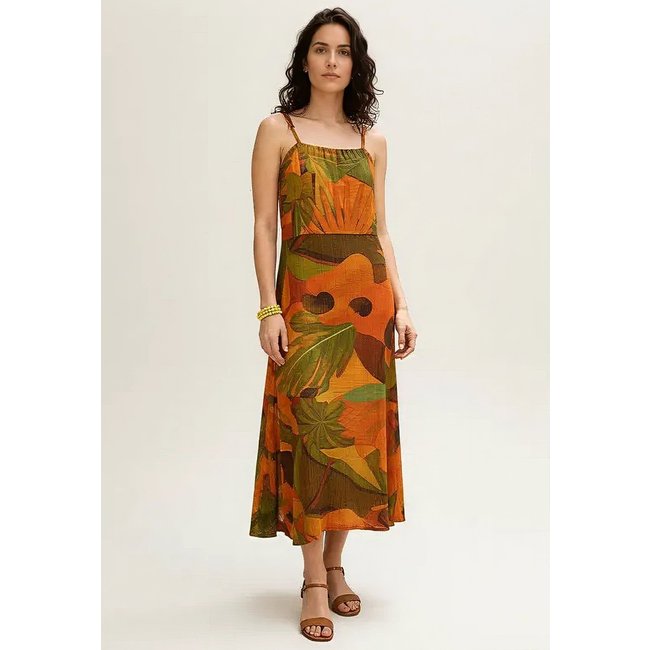 Vestido CabanaFree Midi Amazó Alça Fina Estampa Calor da Mata