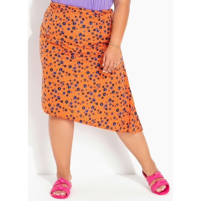 Saia Assimétrica Plus Size Floral Laranja Marguerite