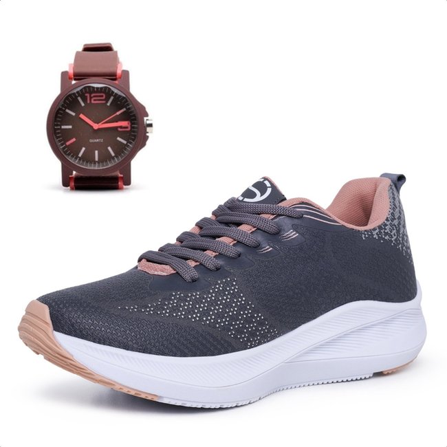 Tênis Feminino Esportivo Ousy Shoes Treino Caminhada Academia Leve Confortável Combo Mais Relógio Grafite