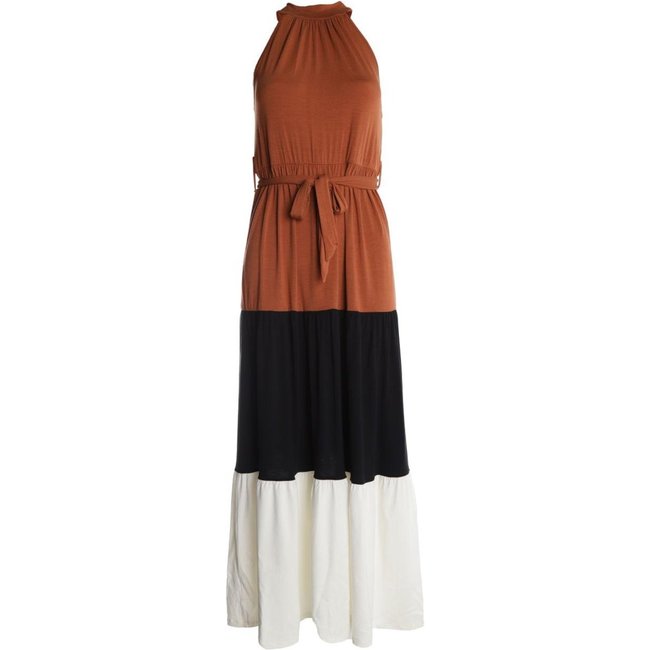 Vestido Com Amarração Bloco de Cores Feminino MARROM/OFF WHITE/PRETO