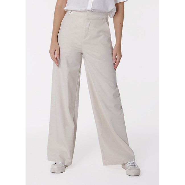 Calça de Linho Areia Pantalona Alfaiataria Feminina Sob Bege