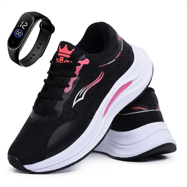 Tênis Esportivo Bia Ramos Caminhada Academia Feminino Confortavel Preto + Relógio