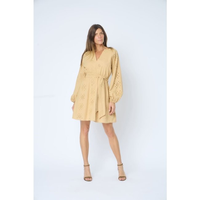 Vestido Curto Lemmut Manga Longa e Amarração Bege