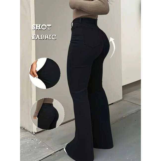Calça Flare Jeans Feminina Kovali Premium Cintura Alta com Elastano Levanta Bumbum Estilo Gringa Preta