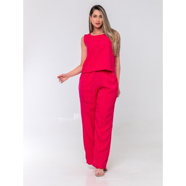 Conjunto Feminino Premium Linhão Calça Pantalona e Regata Modelo Alta Tendência - Rosa Modelo Veste Tamanho M