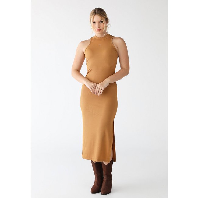 Vestido Canelado Colcci Midi Logo Caramelo