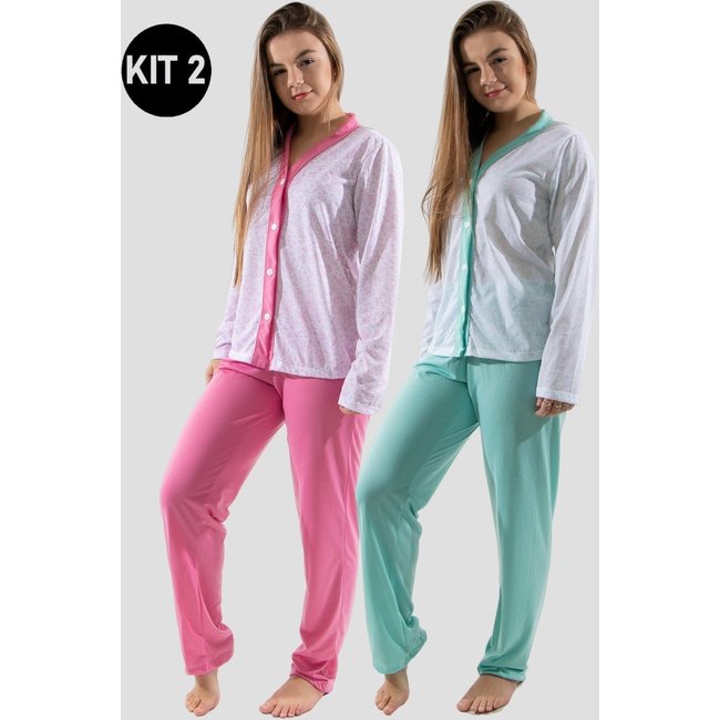 Kit 2 Pijamas 4 Estações Com Botão Amamentação Manga Longa Feminino Rosa/Verde