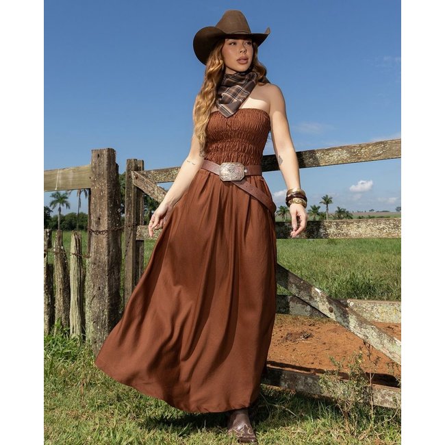 Vestido Midi Sarja Feminino Franzido 25216 Marrom Consciência