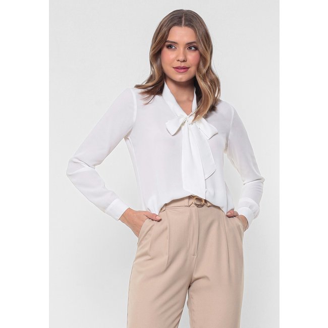 Camisa Intens Manga Longa Crepe Laço Branco