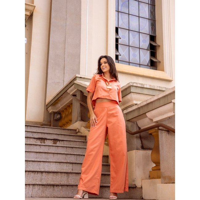 Calça Pantalona Alfaiataria Novah Store Sarja Coral