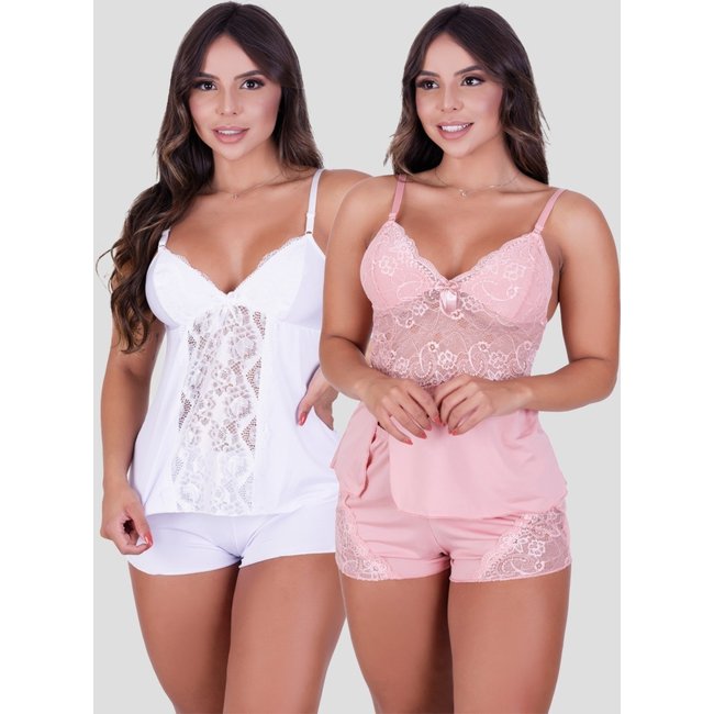 Kit Babydoll Básico + Babydoll Detalhes em Renda Branco e Rosa