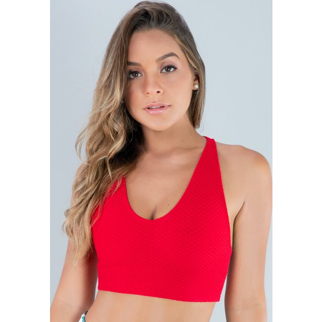 Top MVB Modas Nadador Textura Tecido Bolha Vermelho