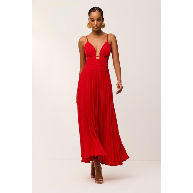Vestido Super Midi Liso Com Plissado Vermelho Oriente Charry