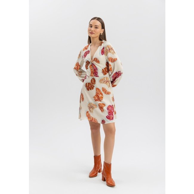 Vestido Lez a Lez Curto Estampado Com Mangas Longas E Detalhe De Nó