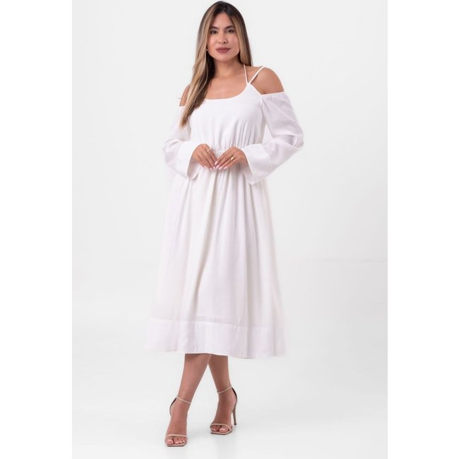 Vestido viscose midi amarração decote off white labrava