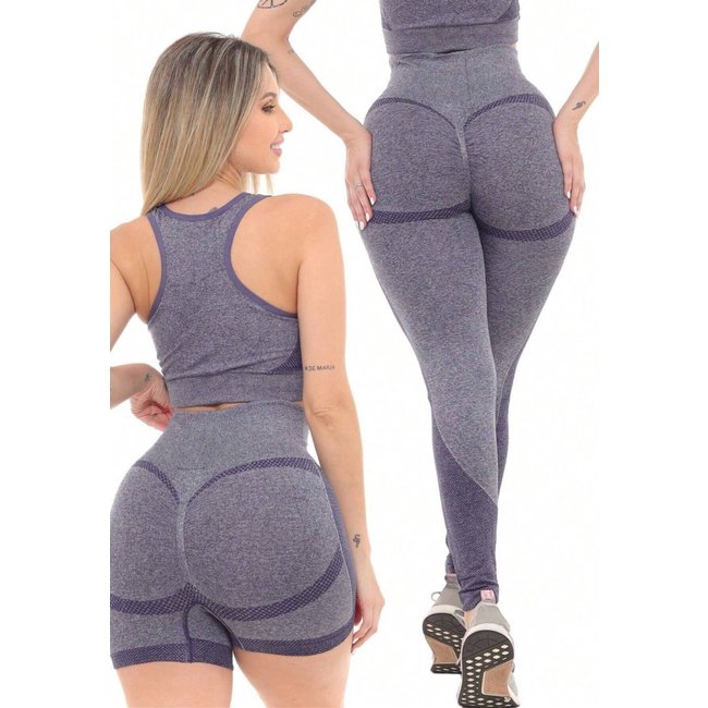 Kit Fitness Shorts, Top e Calça GARAIS MODA Modeladora Lilás Efeito Levanta Bumbum