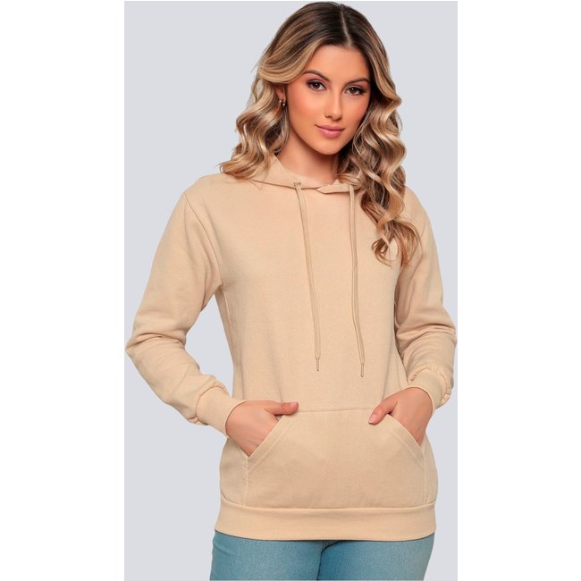 Moletom Liso Feminino Flanelado Blusa de Frio Canguru Bege