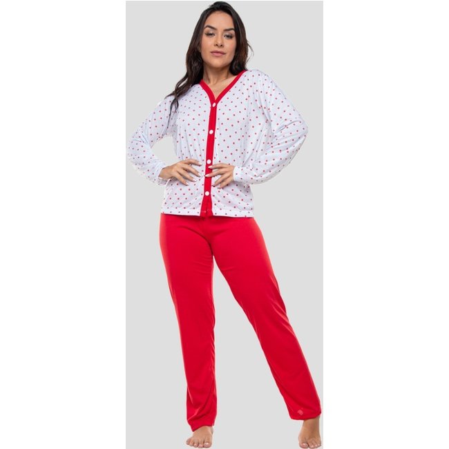 Pijama 4 Estações Com Botão Amamentação Manga Longa Feminino Vermelho