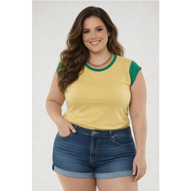 T-shirt Ombreira Plus Size D Bell Outlet Fashion Bicolor Amarela