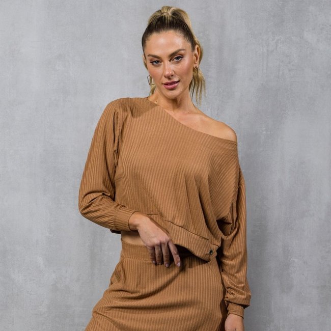 Blusa Larguinha De Chelles Manga Longa Tecido Canelado Bege FT1151BL