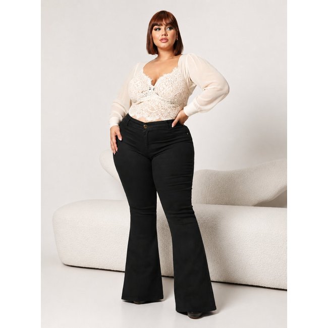 Calça Donna De Paula Flare Preta Boca De Sino Plus Size Cintura Alta Empina Bumbum