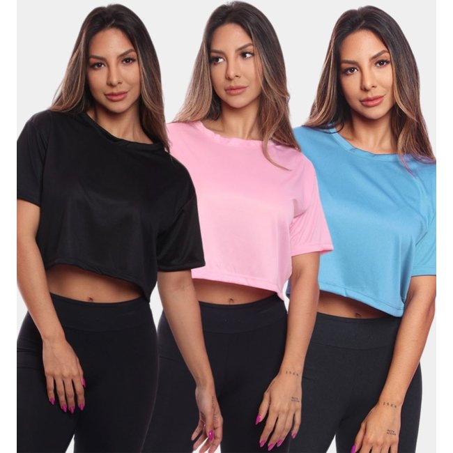 Kit 3 Cropped Manga Curta Feminino Dry Proteção UV Blusa Blusinha Academia Treino Rosa/Azul