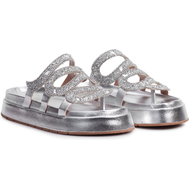 Sandália Plataforma Flat Nine4 Casual Detalhe Strass Brilhante Cobra Prata