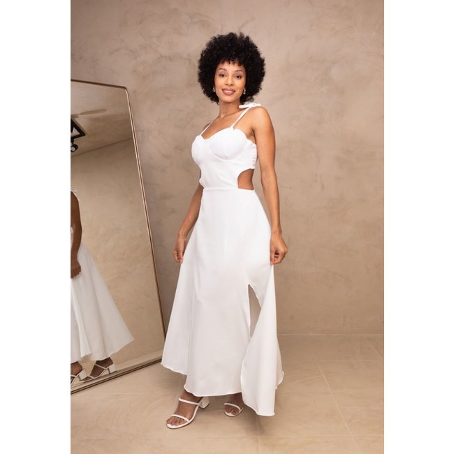 Vestido Midi Abertura Lateral Cut Out Alfaiataria Elegante Cleyz Branco