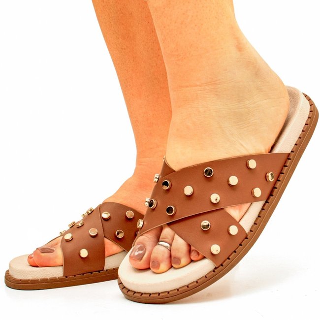 Sandália Papete Flatform Rasteirinha Caramelo Enfeite Metalizado Brilho