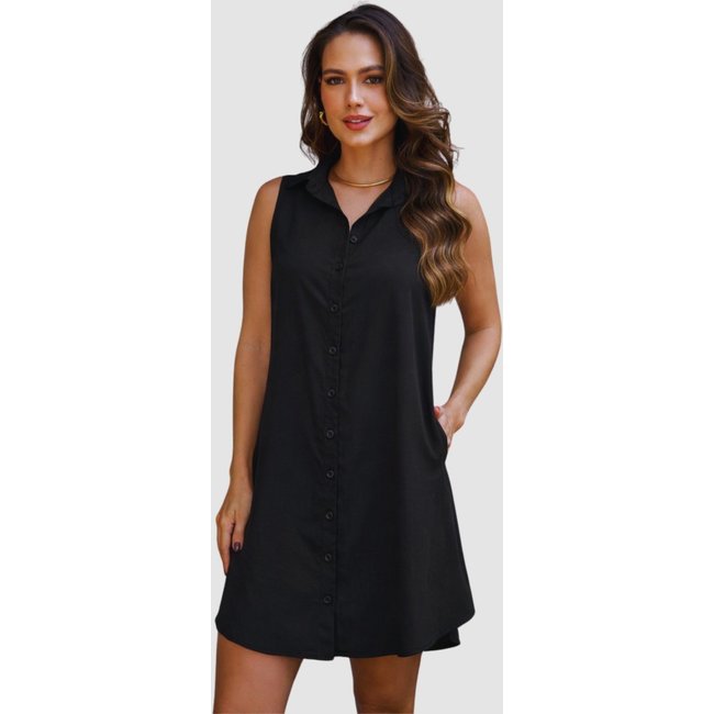 Chemise Aberta Ícone Fashion Sem Manga Preta