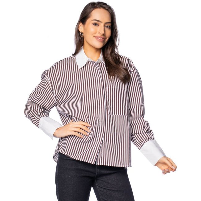 Camisa Social Feminina The Style Box Listrada Marrom/Branco