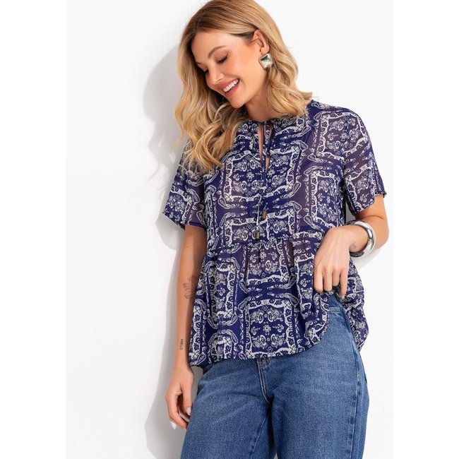 Blusa Paisley Azul Em Chiffon Com Amarração E Estilo Boho - Quintess Quintess