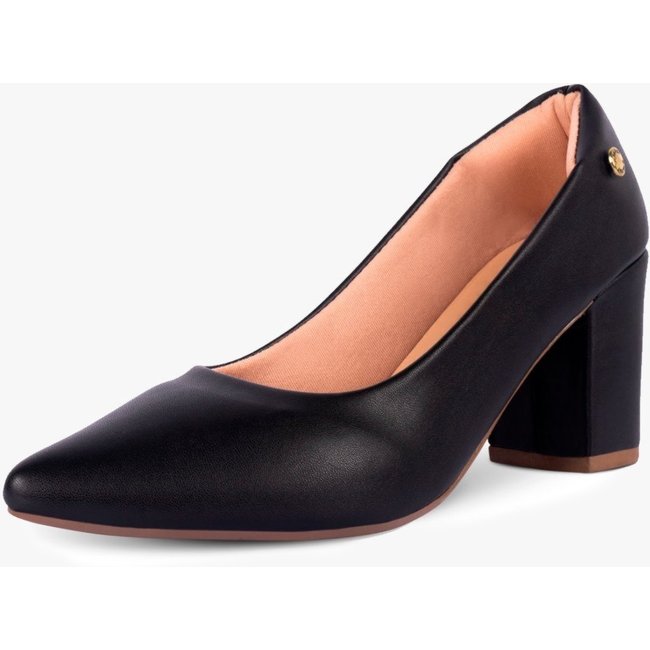 Scarpin Feminino Takata Salto Alto Grosso Bloco Bico Fino Preto
