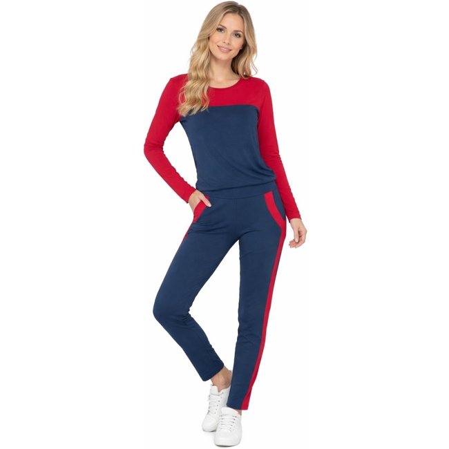 Conjunto Viscolycra Maria Paes Calça e Blusa Manga Longa Marinho e Vermelho